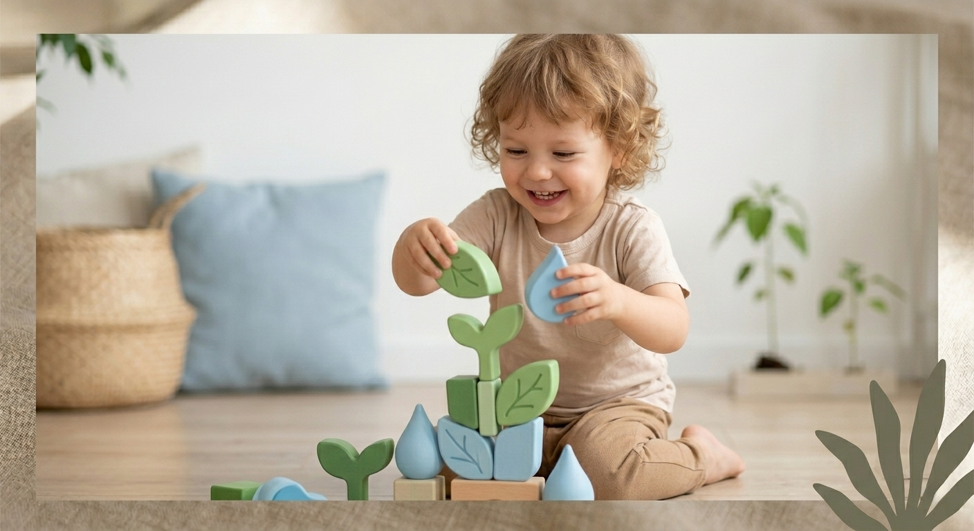 A young child happily building with plant-based blocks