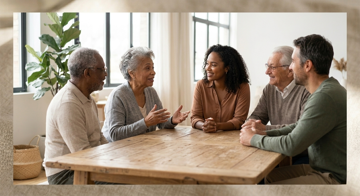 A smile-engaged conversation between generations (image_6.png style)