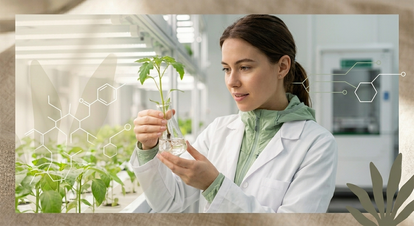 A researcher inspecting a plant in a clean facility (image_10.png feel)